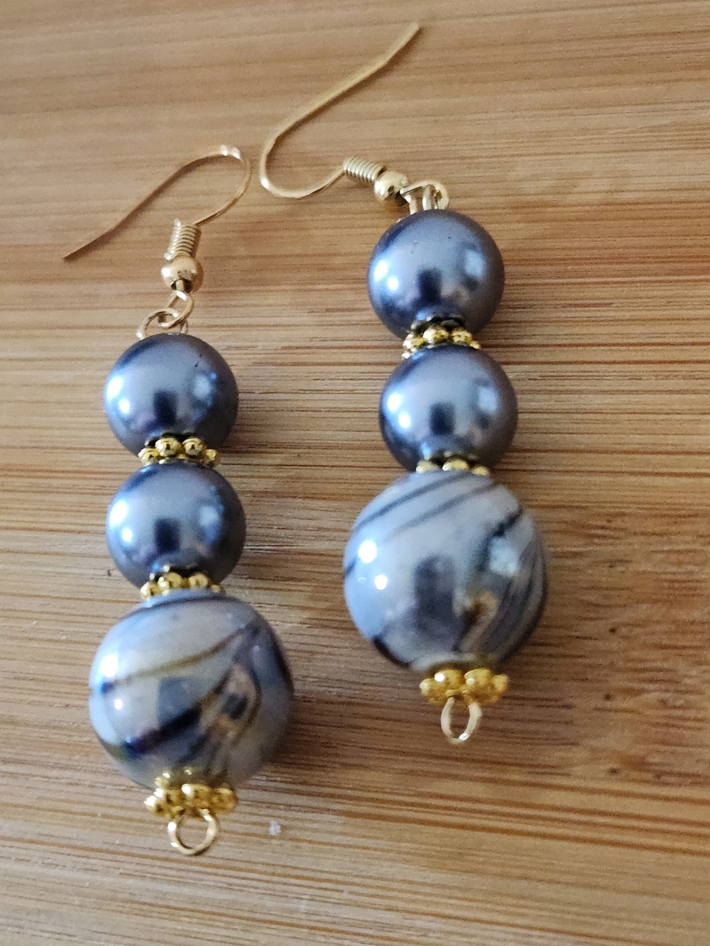 Hand Crafted Gray and Gold Bead Drop Earrings